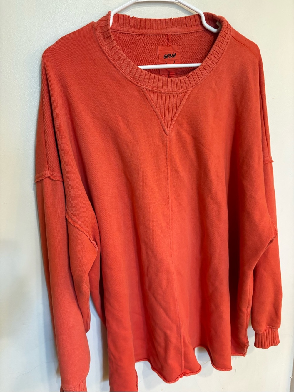 Aerie Women’s Coral Orange Oversized Distressed Crewneck Sweater size large
